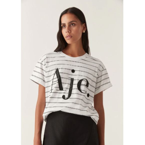 NWOT Aje Classic Embellished Logo Tee Spellout Beaded Graphic T Striped L - Picture 1 of 12